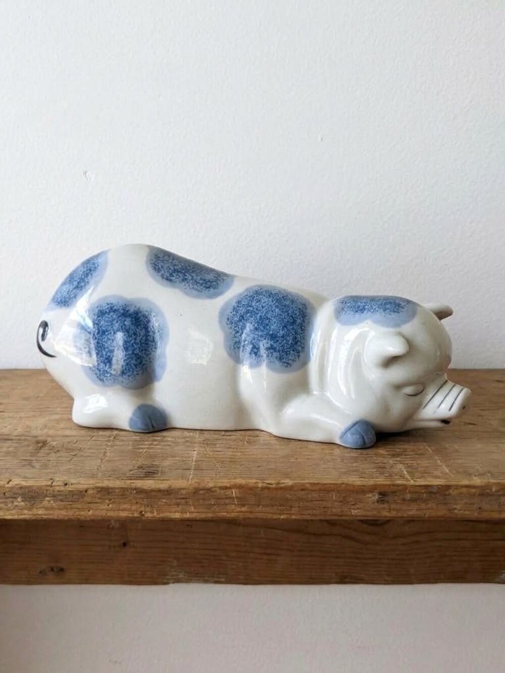 Vintage Blue and White Ceramic Pig Flambro Countryside Primitive Farmhouse Decor